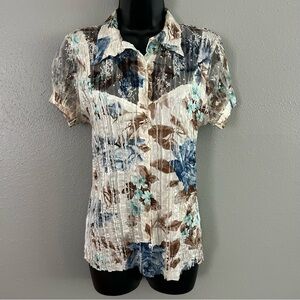 Komarov Crinkle Satin Lace Floral Button Front Blouse Top Size M Cream Blue Tan